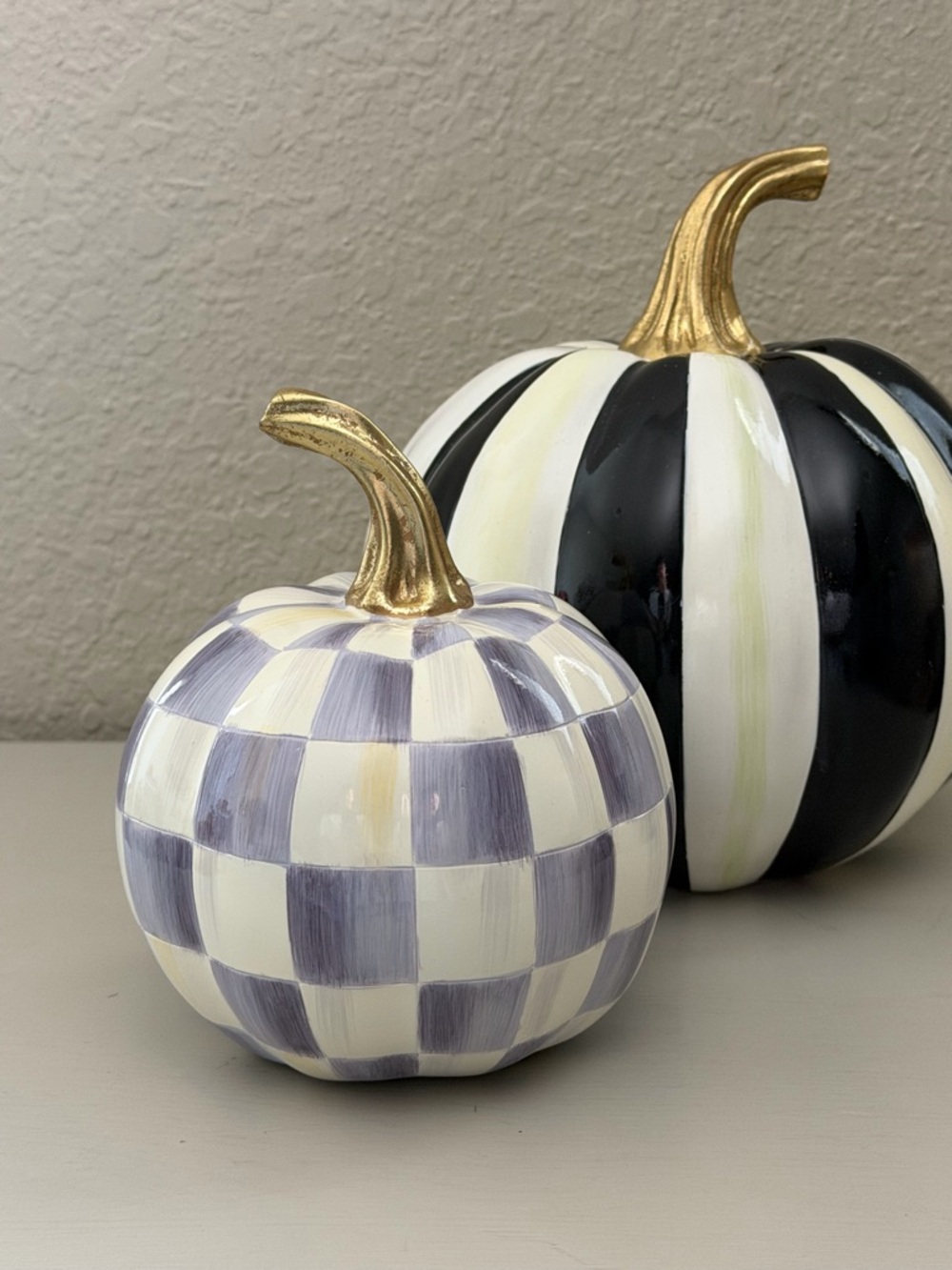 Mackenzie Childs Violet Mini Pumpkin Decor Gold Stem Check Pattern New